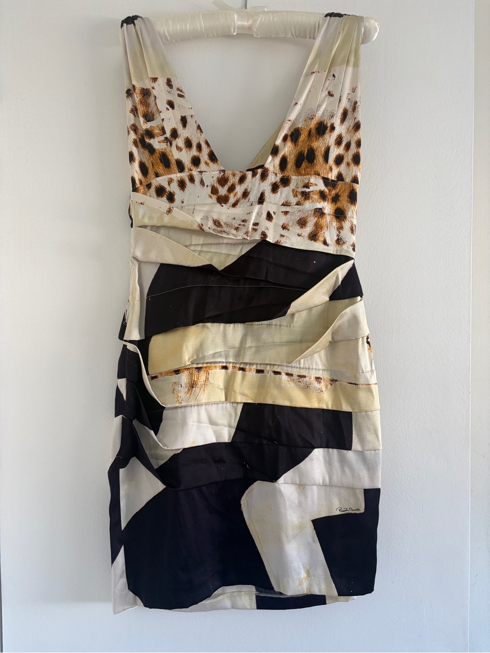 Roberto Cavalli Black, White & Gold Animal-Print Mini Dress